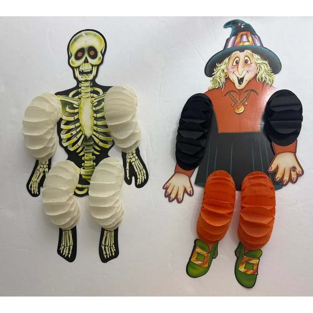 Halloween Beistle Witch Skeleton 2 Crepe Paper Honeycomb Decoration Vtg 1984 USA